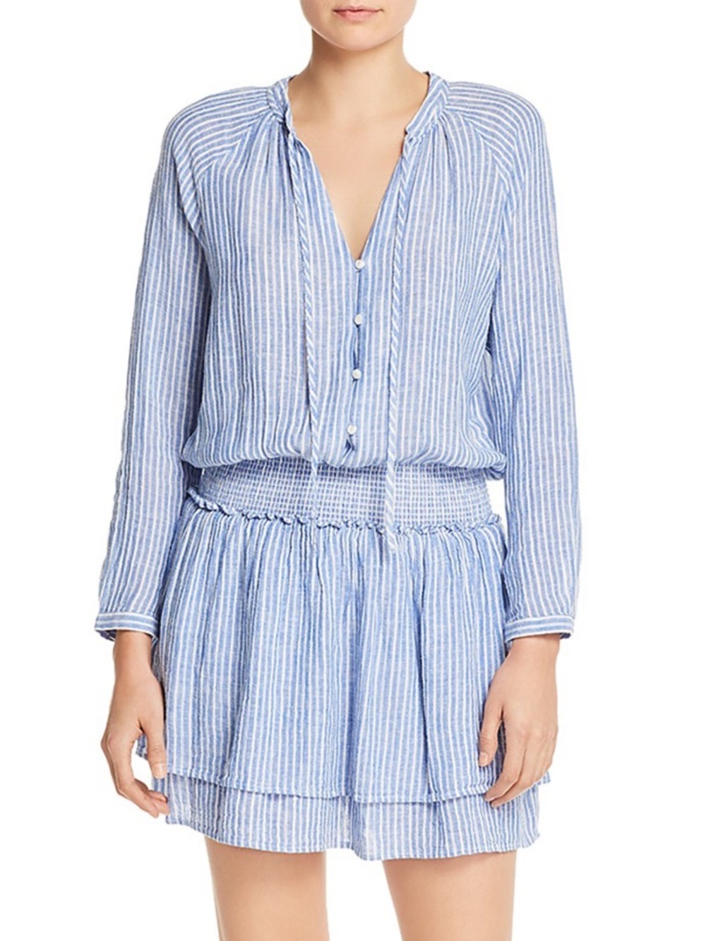 Rails Jasmine Linen Smocked Mini Dress Parisian Blue Stripe Size M Boho Tiered